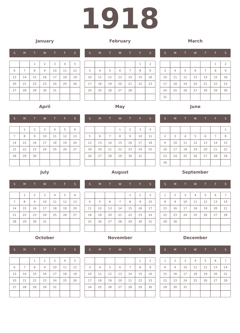 Printable 1918 Year Calendars wenge