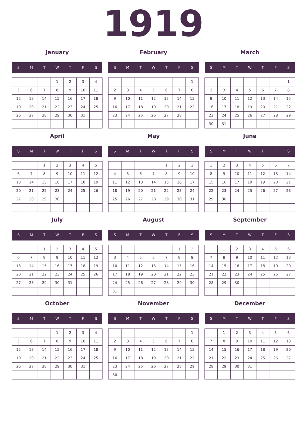 Printable 1919 Year Calendars aubergine