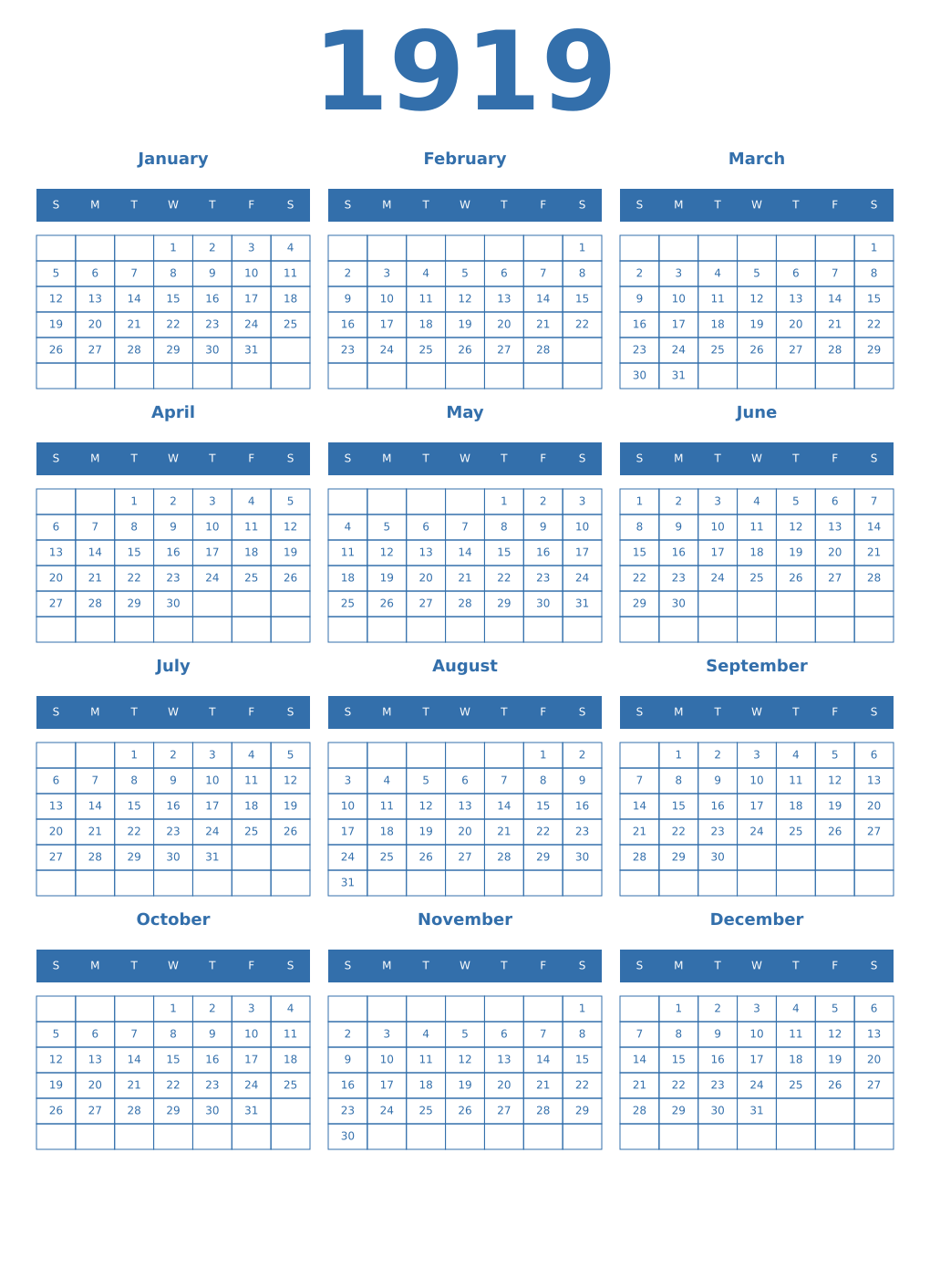 Printable 1919 Year Calendars blue