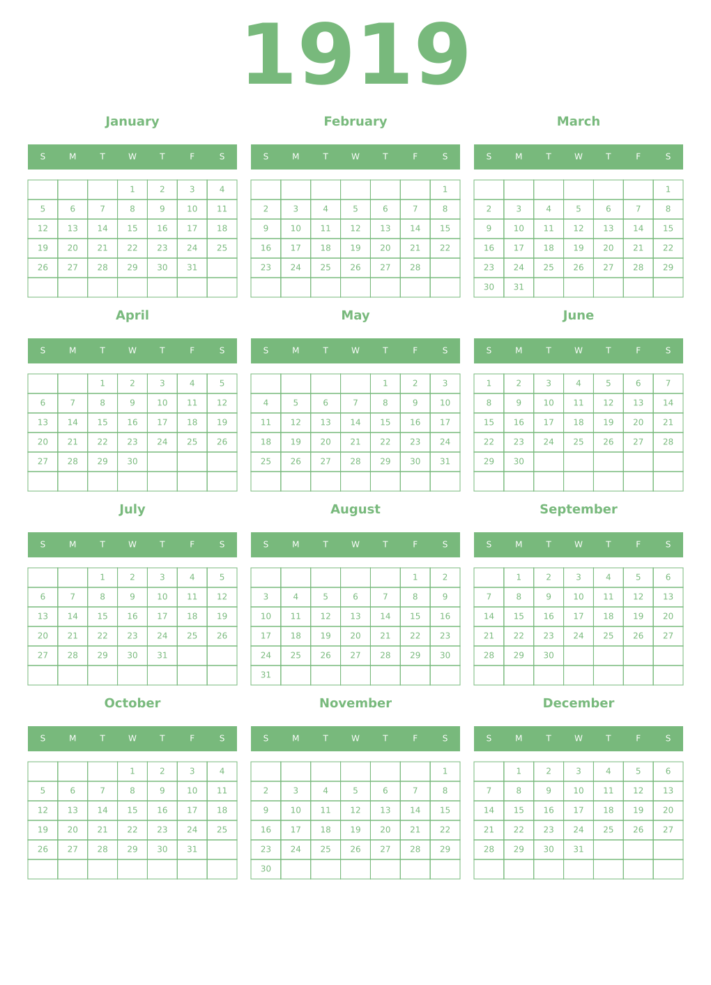 Printable 1919 Year Calendars celadon