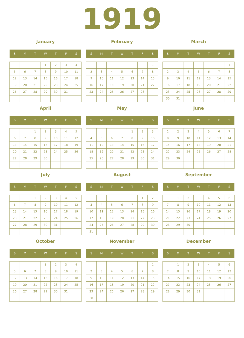 Printable 1919 Year Calendars eburnean