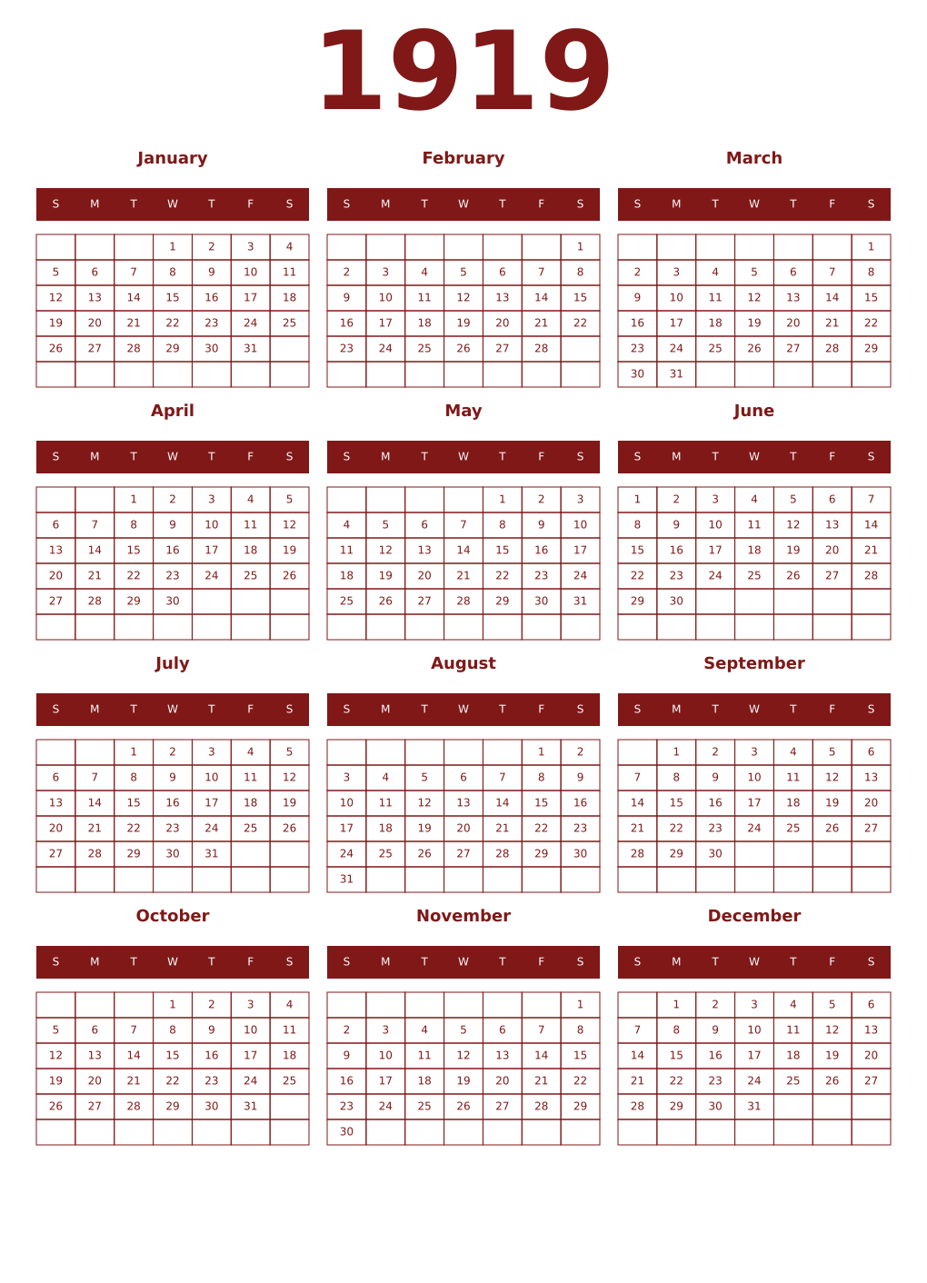 Printable 1919 Year Calendars falu