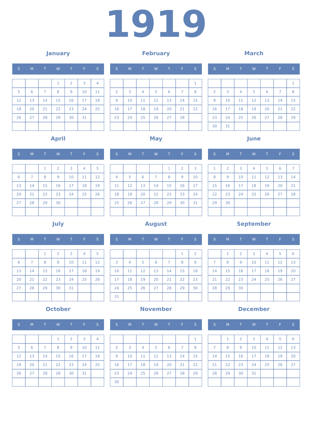 Printable 1919 Year Calendars glaucous