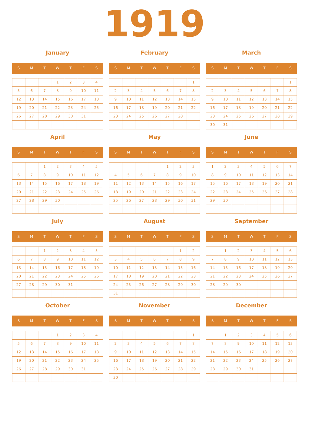 Printable 1919 Year Calendars orange