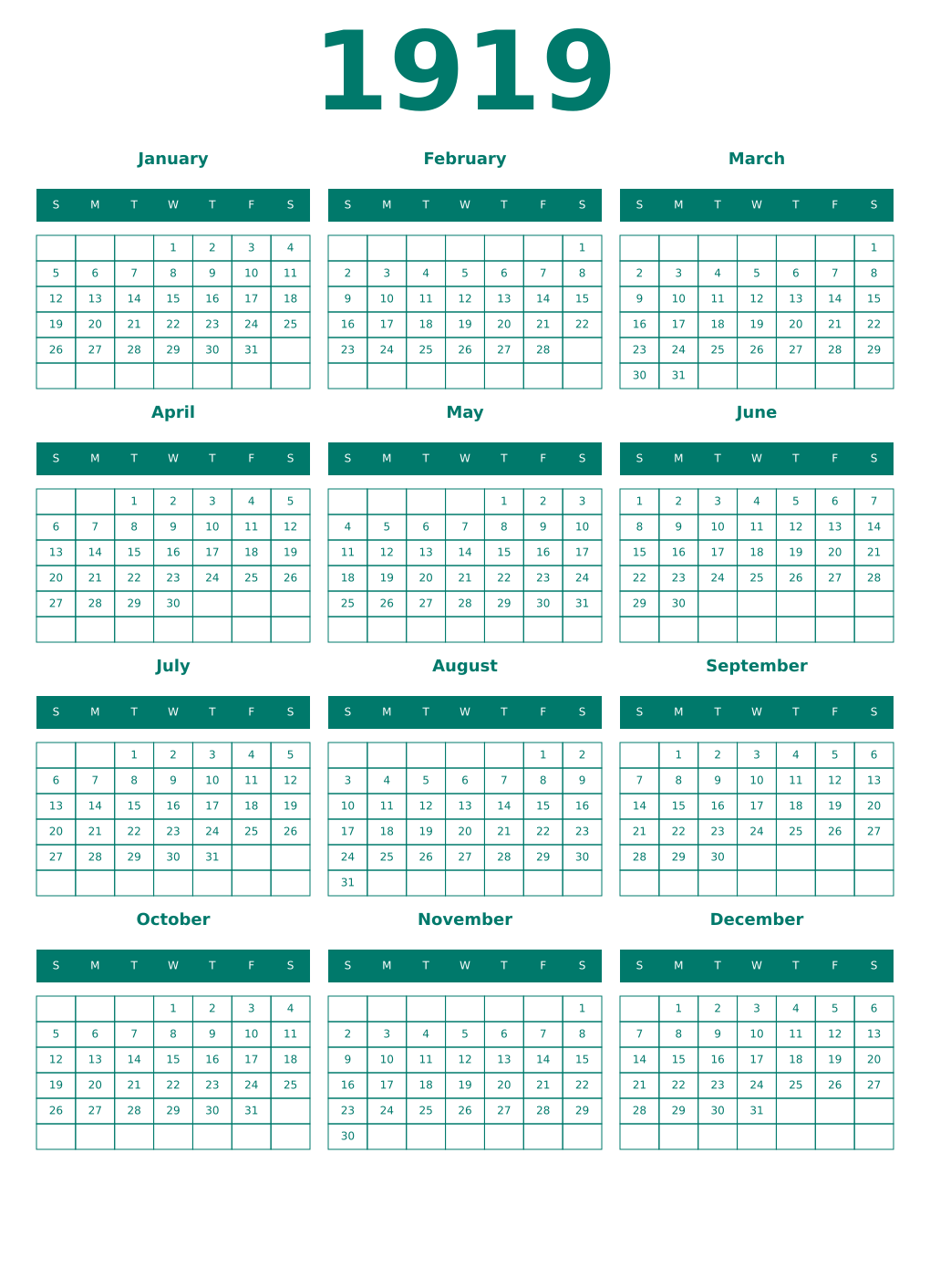 Printable 1919 Year Calendars pastel
