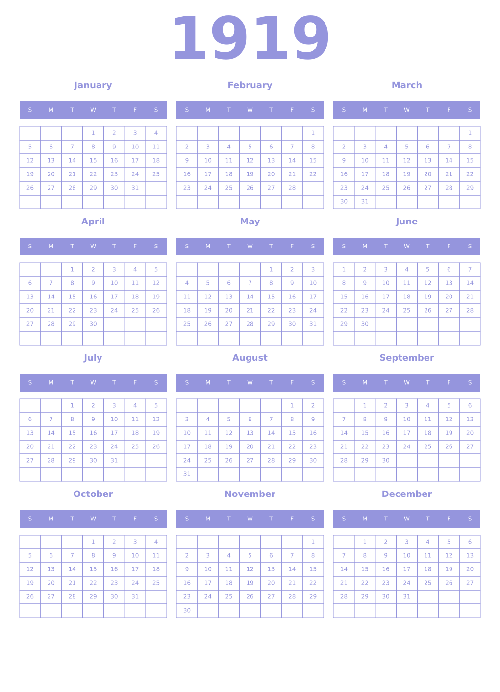 Printable 1919 Year Calendars periwinkle