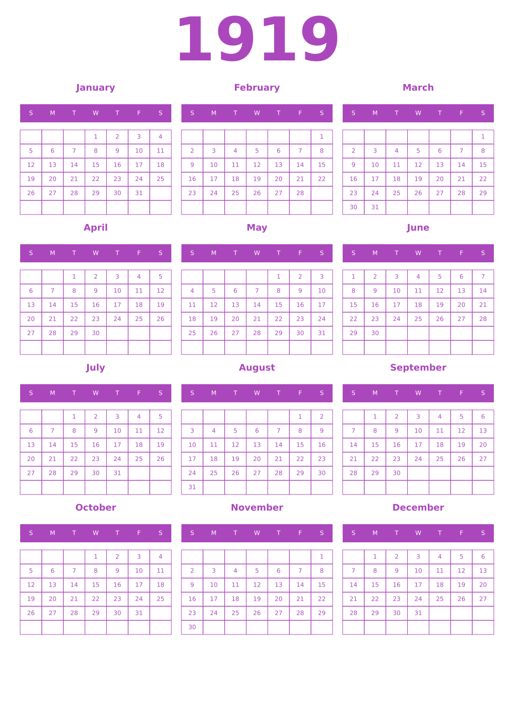 Printable 1919 Year Calendars purple
