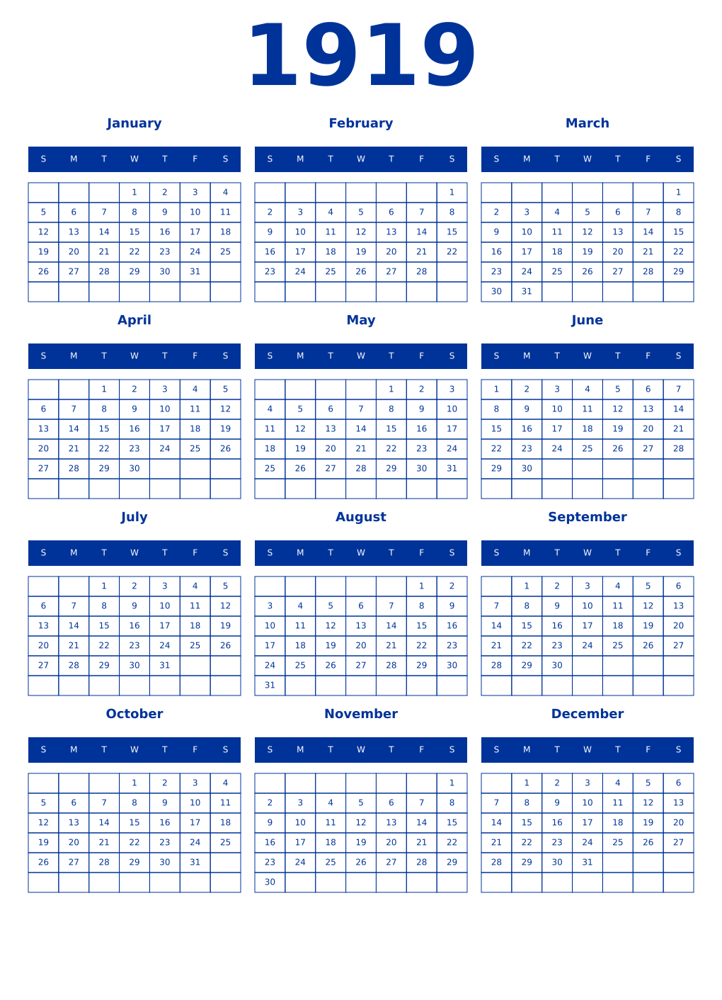 Printable 1919 Year Calendars smalt