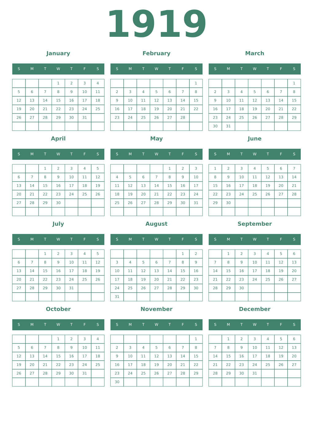 Printable 1919 Year Calendars viridian