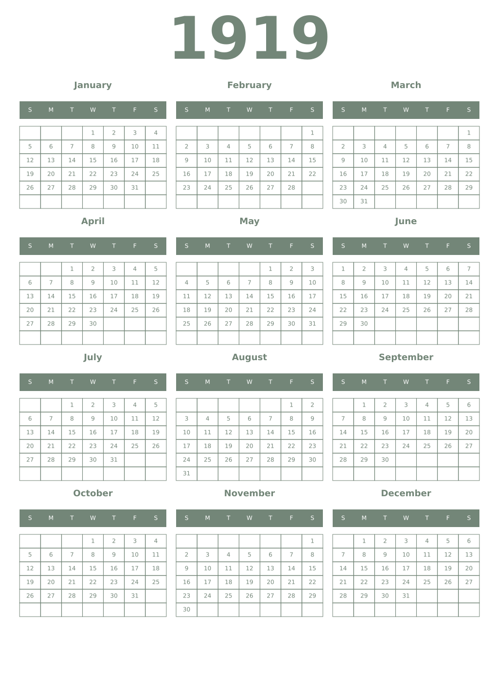 Printable 1919 Year Calendars xanadu