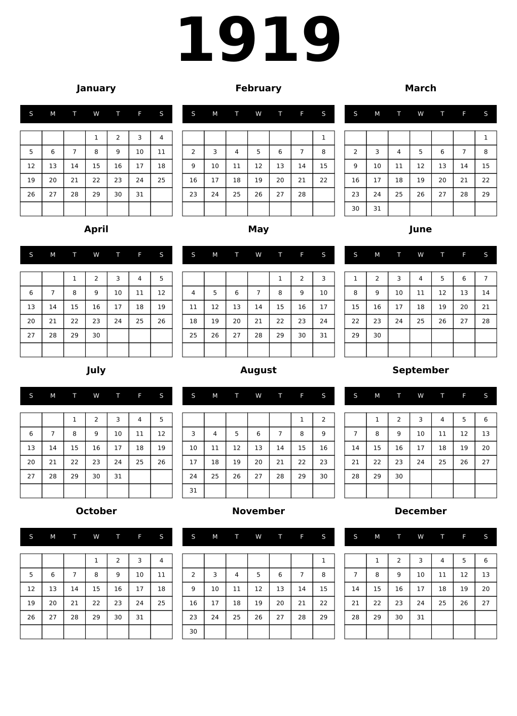 Printable 1919 Calendars