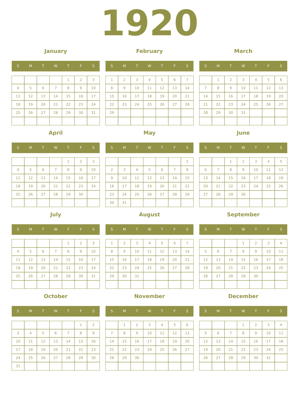 Printable 1920 Year Calendars eburnean