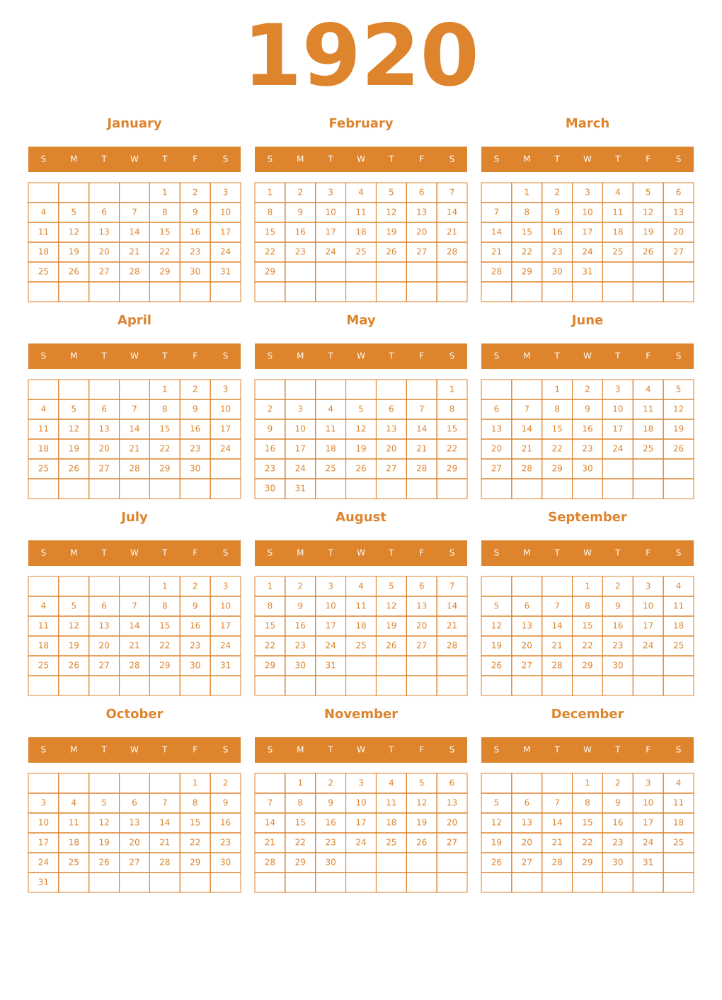 Printable 1920 Year Calendars orange