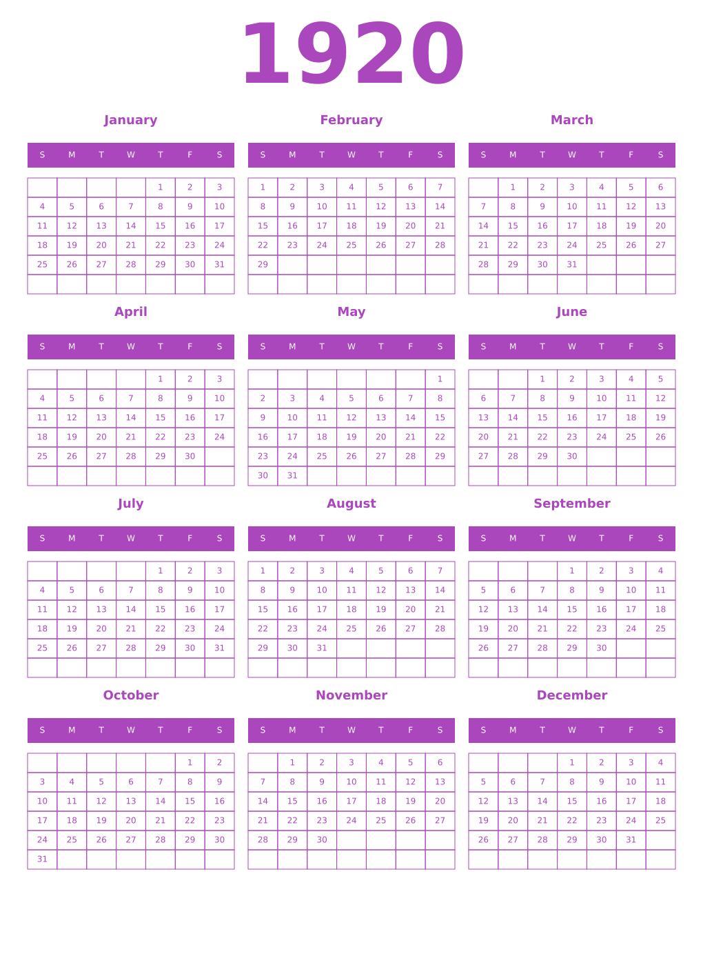 Printable 1920 Year Calendars purple
