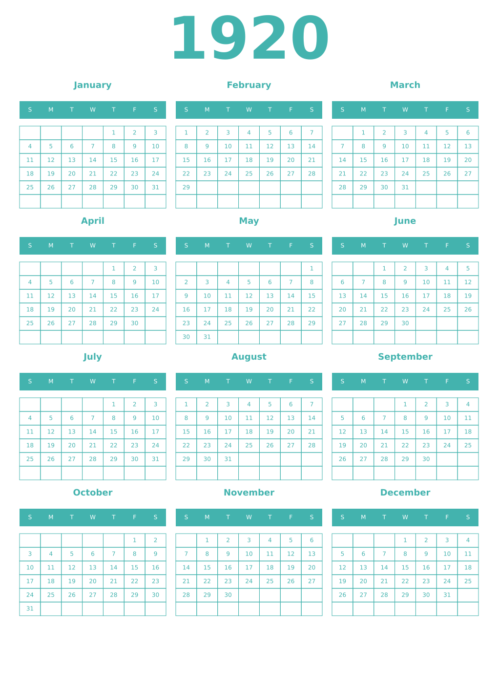 Printable 1920 Year Calendars verdigris