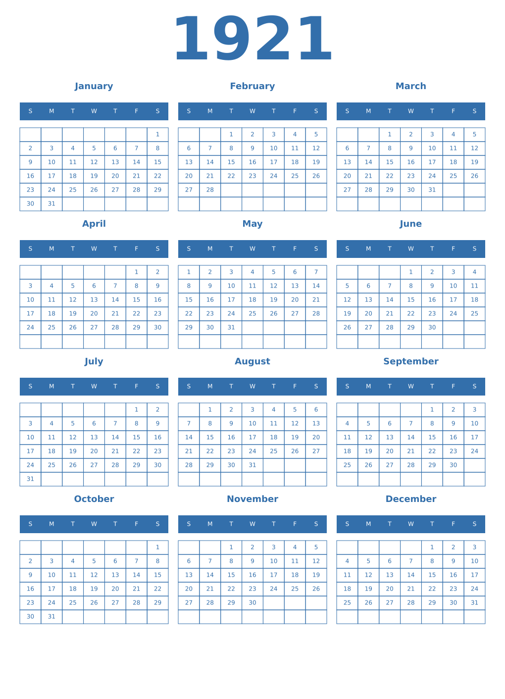 Printable 1921 Year Calendars blue