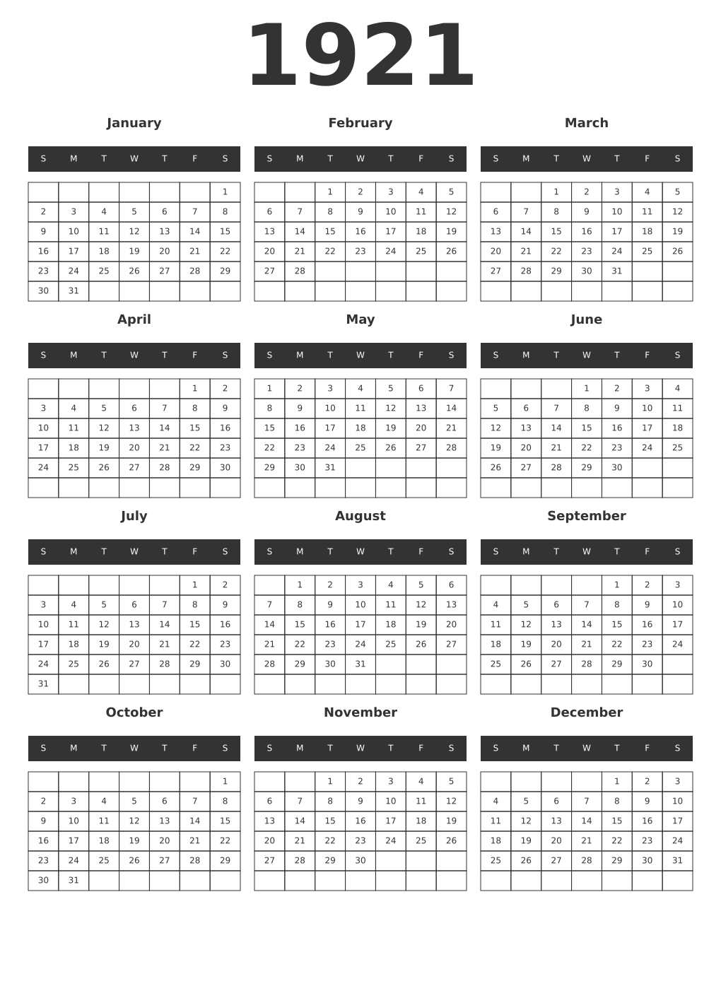 Printable 1921 Year Calendars dark
