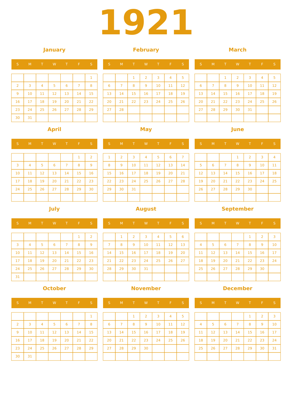 Printable 1921 Year Calendars gamboge
