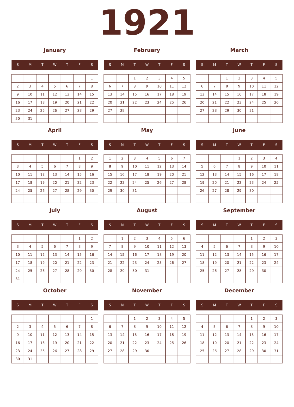 Printable 1921 Year Calendars mortuum