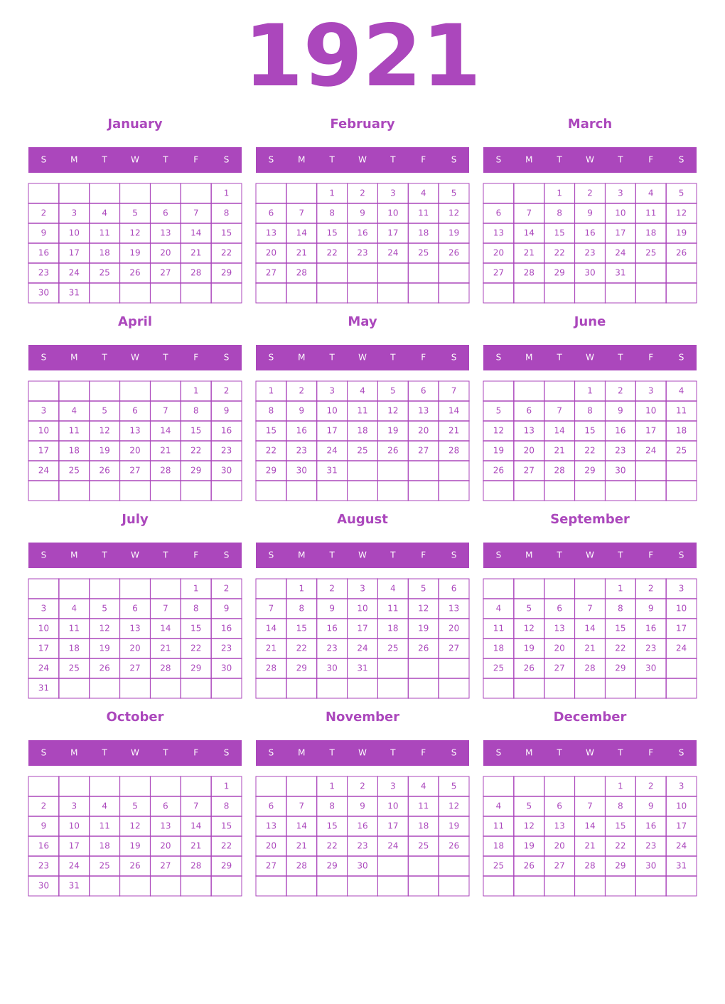 Printable 1921 Year Calendars purple