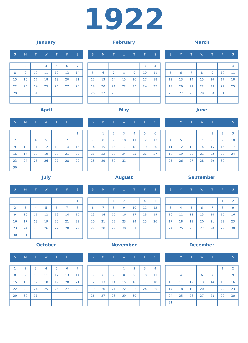 Printable 1922 Year Calendars blue