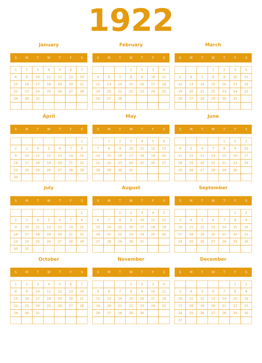 Printable 1922 Year Calendars gamboge
