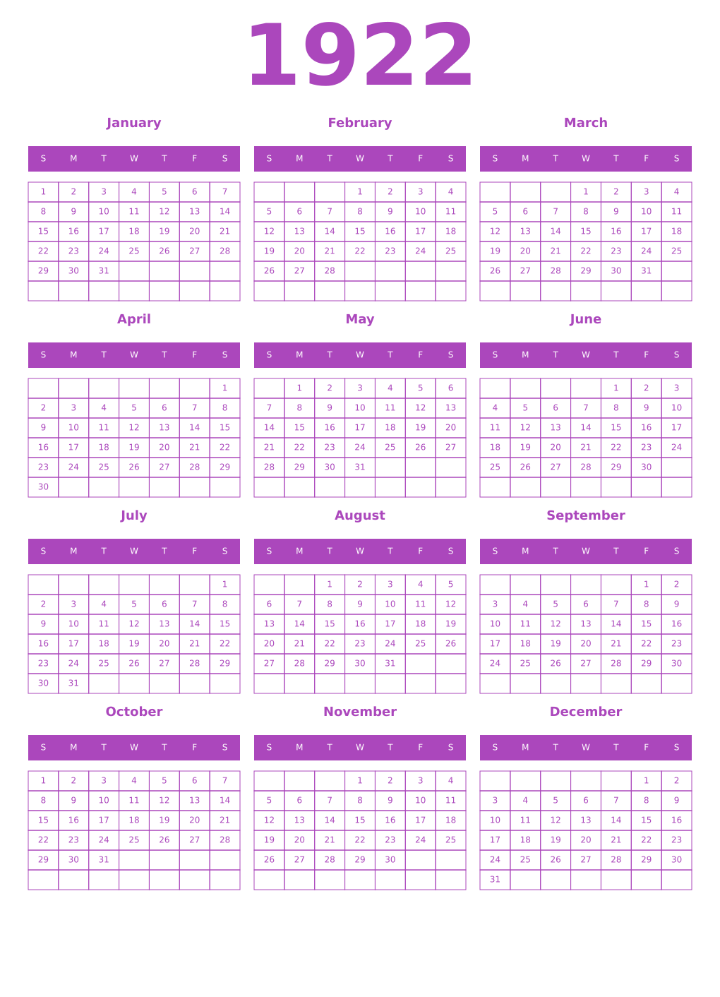 Printable 1922 Year Calendars purple