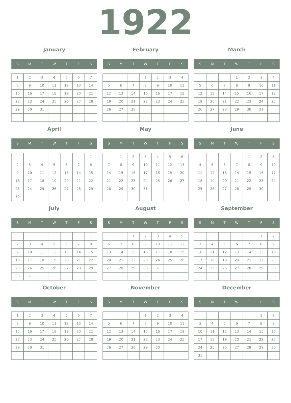 Printable 1922 Year Calendars xanadu