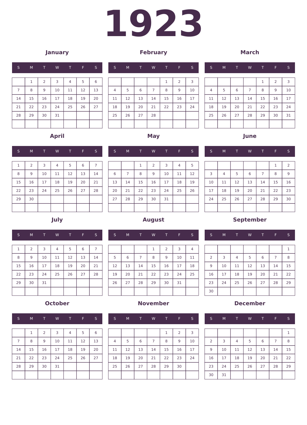 Printable 1923 Year Calendars aubergine