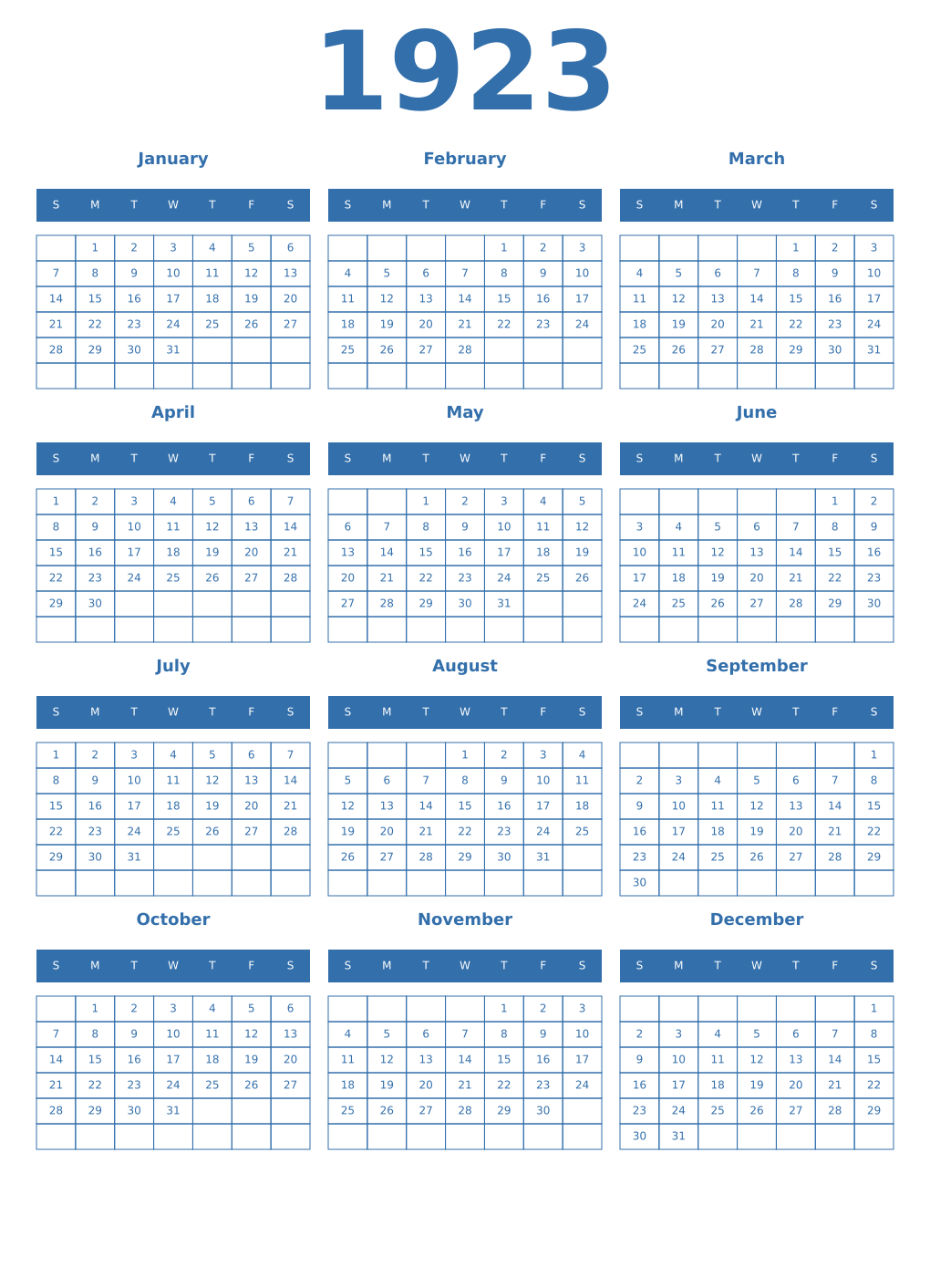 Printable 1923 Year Calendars blue
