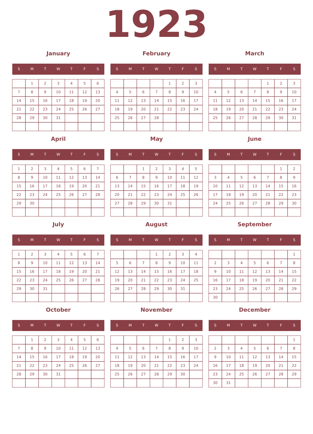 Printable 1923 Year Calendars cordovan