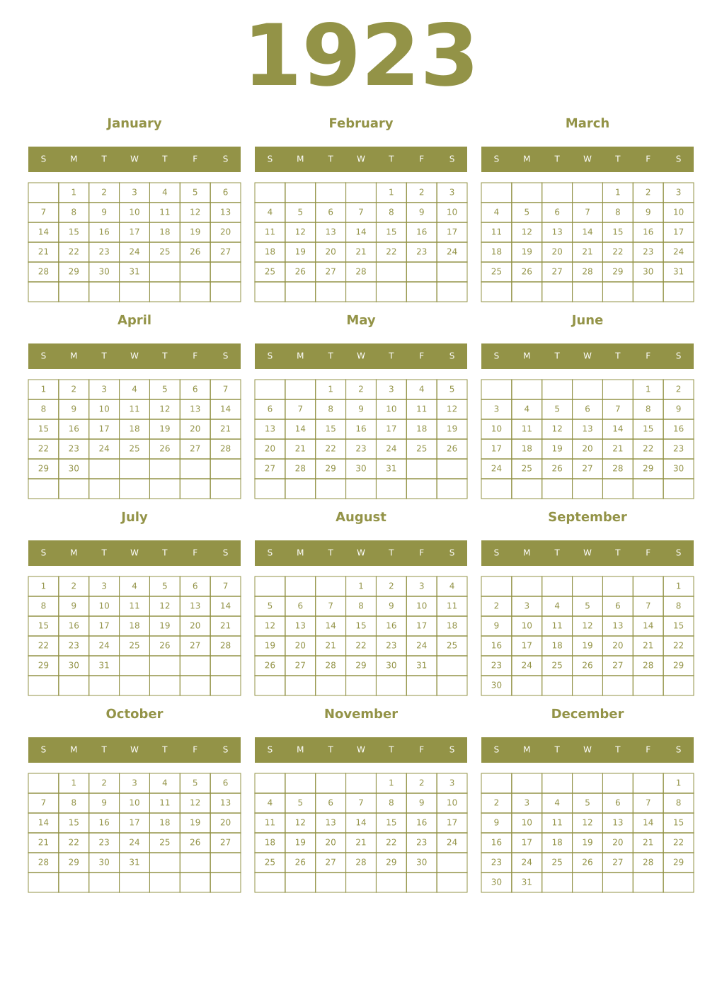 Printable 1923 Year Calendars eburnean