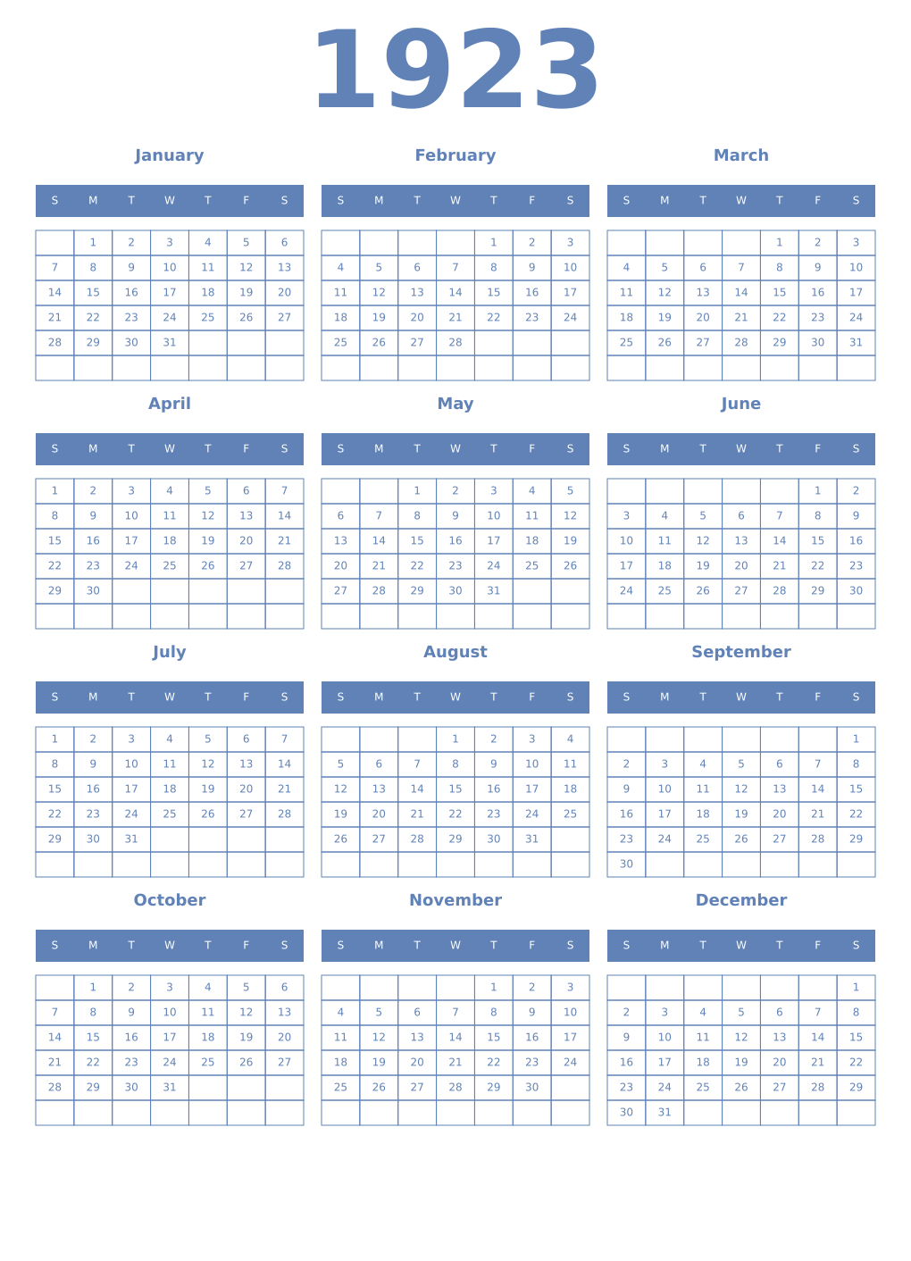 Printable 1923 Year Calendars glaucous
