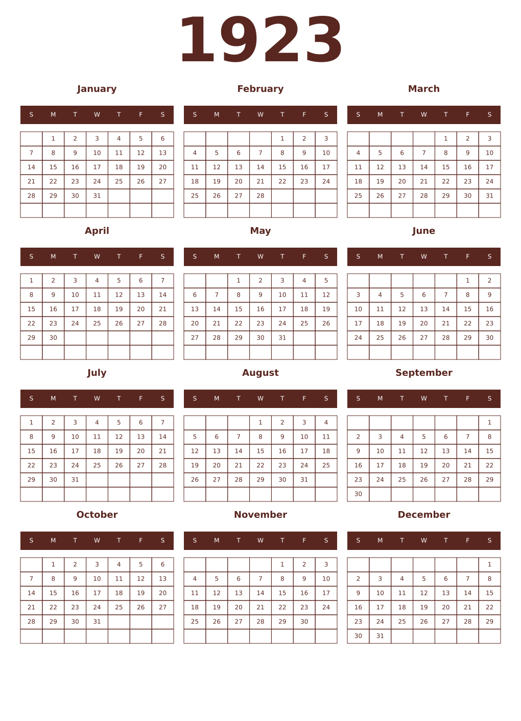 Printable 1923 Year Calendars mortuum