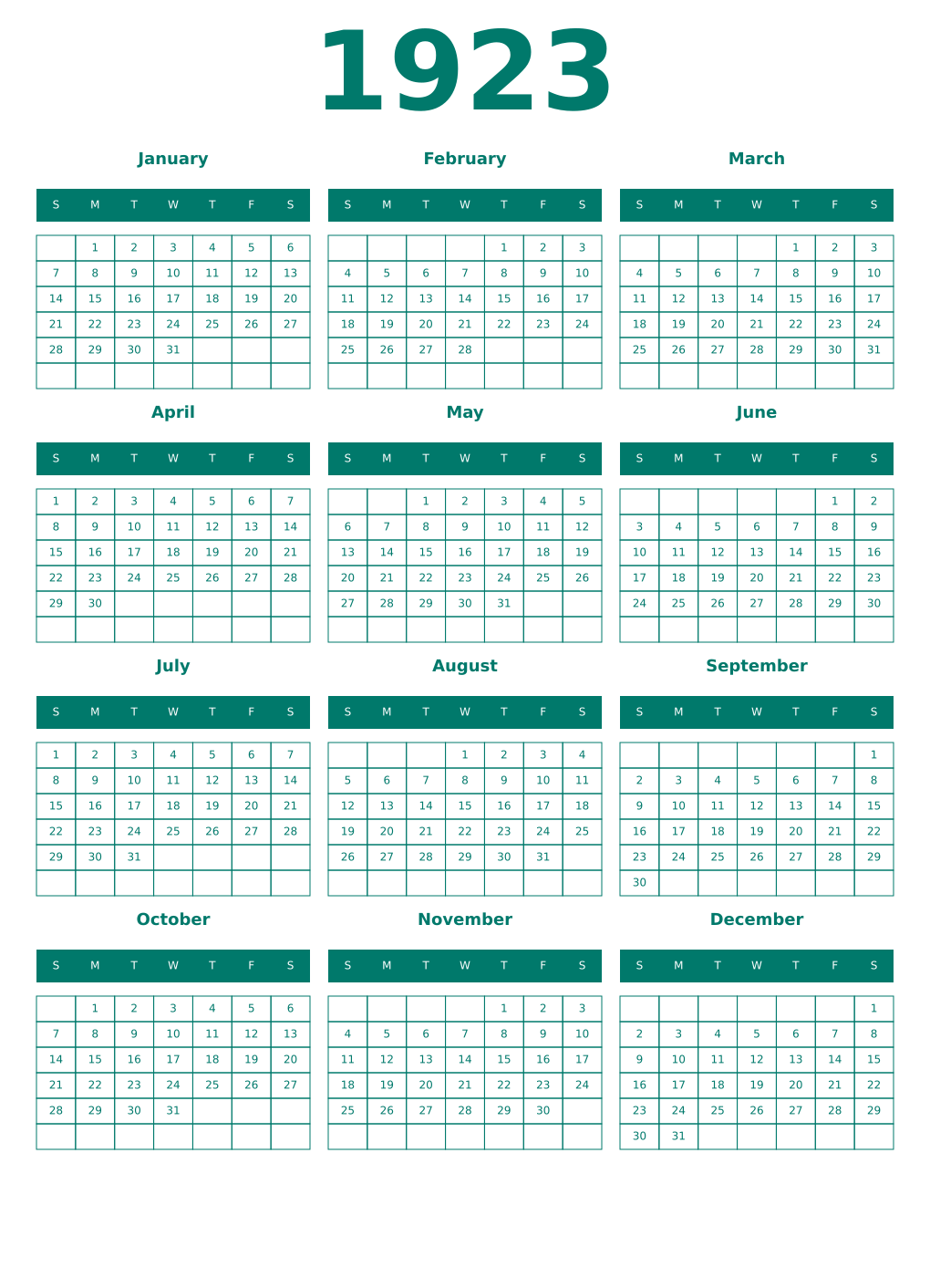 Printable 1923 Year Calendars pastel