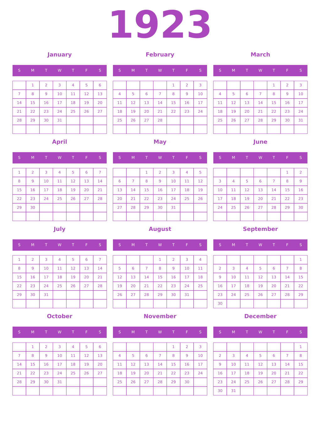 Printable 1923 Year Calendars purple