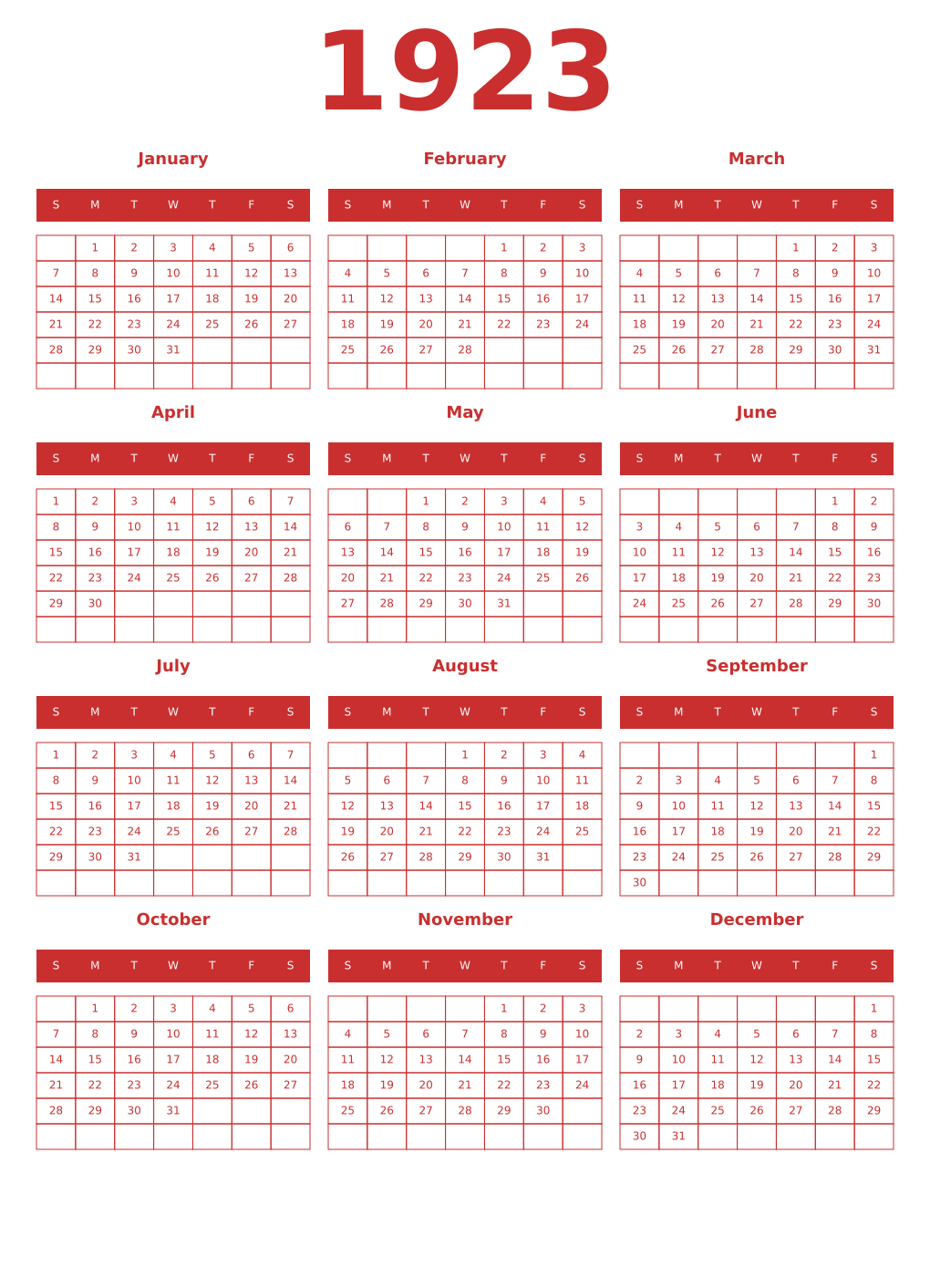 Printable 1923 Year Calendars red