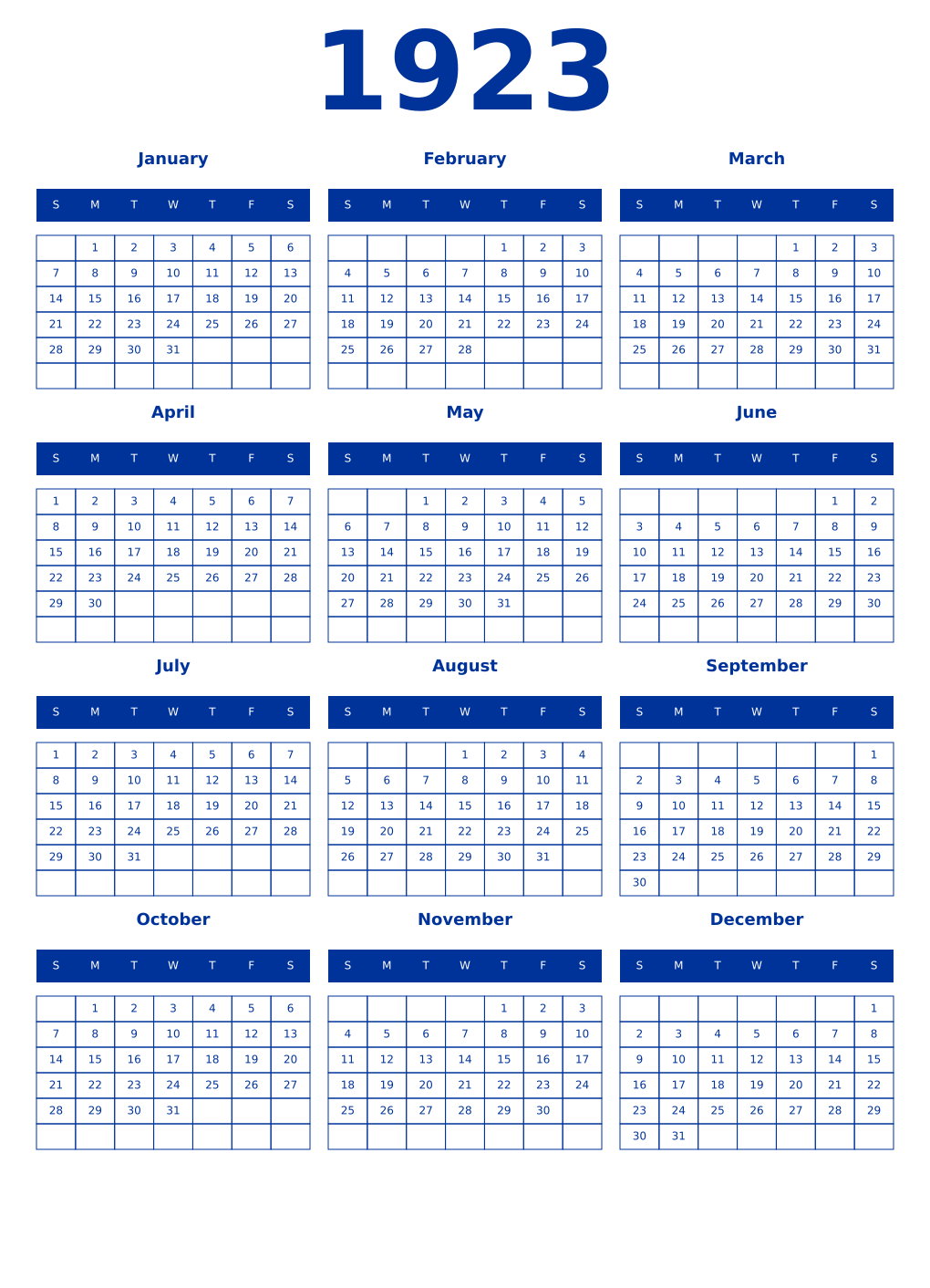 Printable 1923 Year Calendars smalt