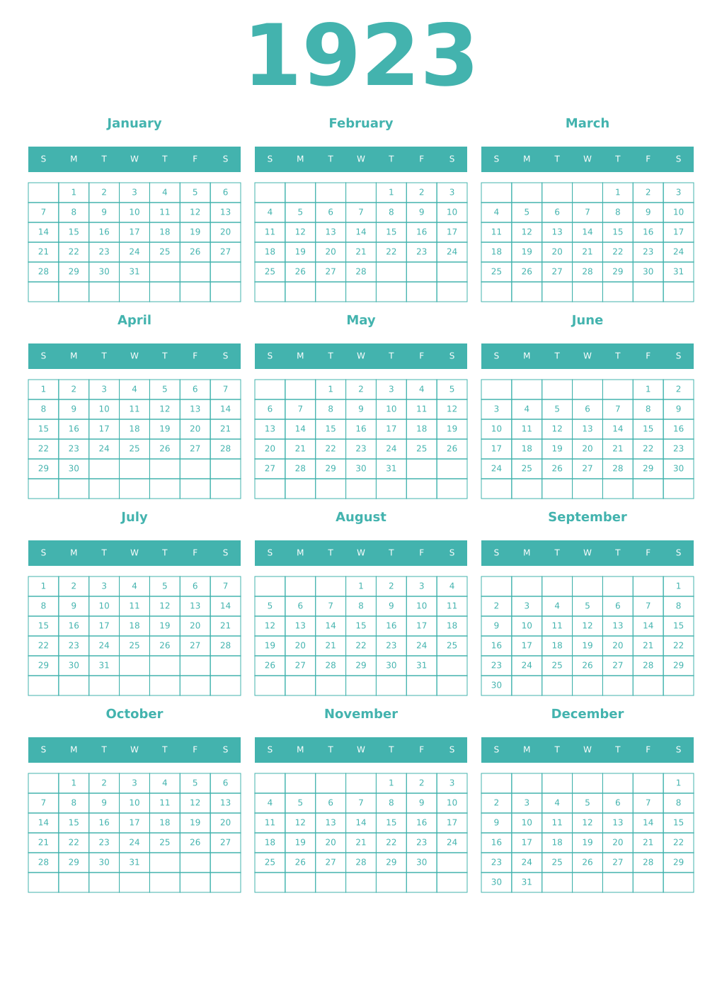 Printable 1923 Year Calendars verdigris