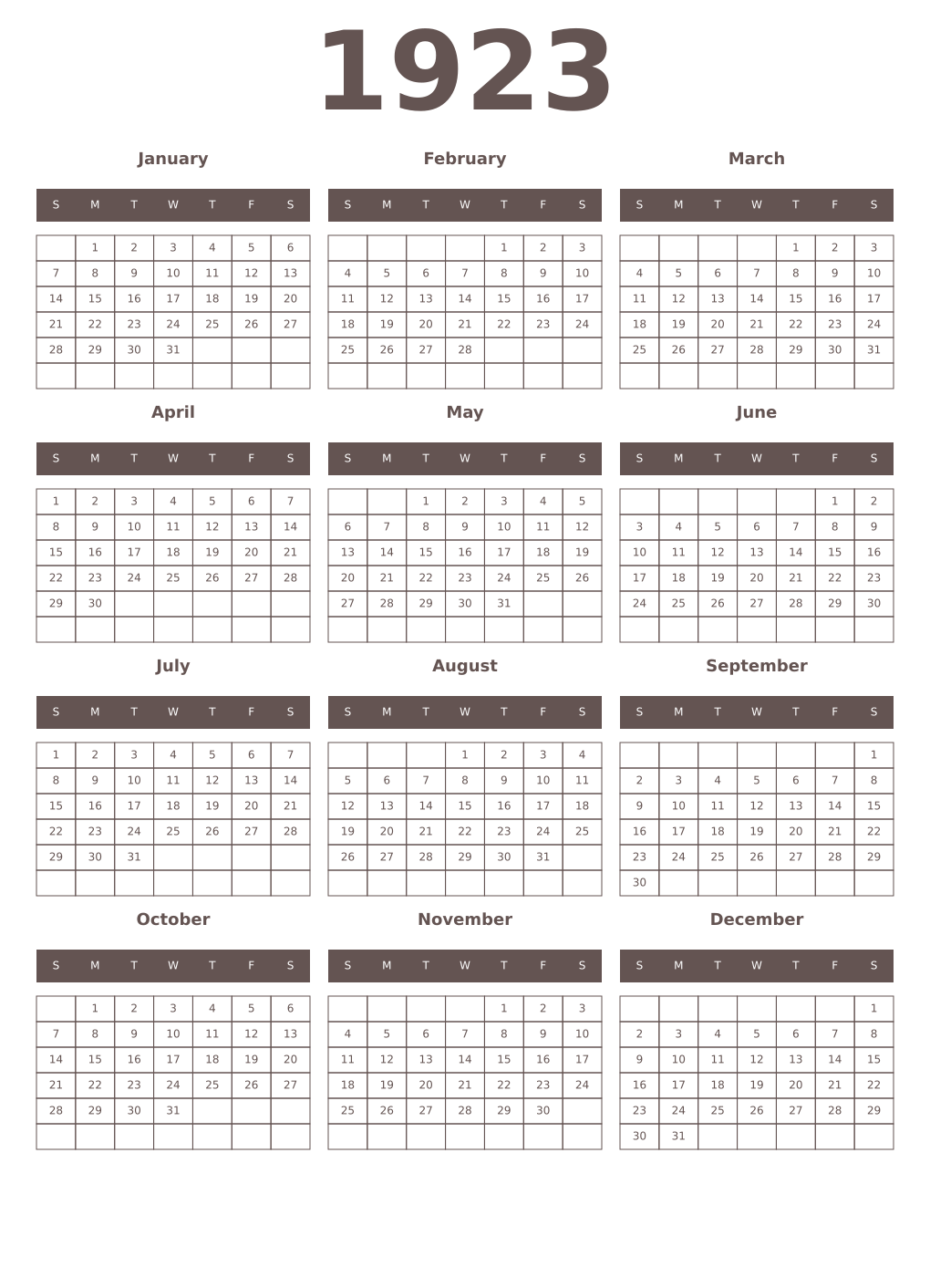 Printable 1923 Year Calendars wenge