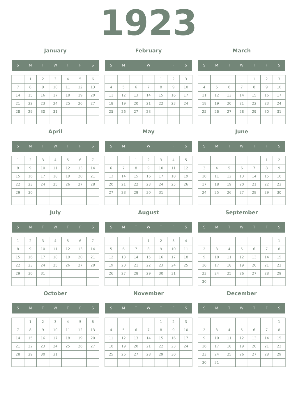 Printable 1923 Year Calendars xanadu