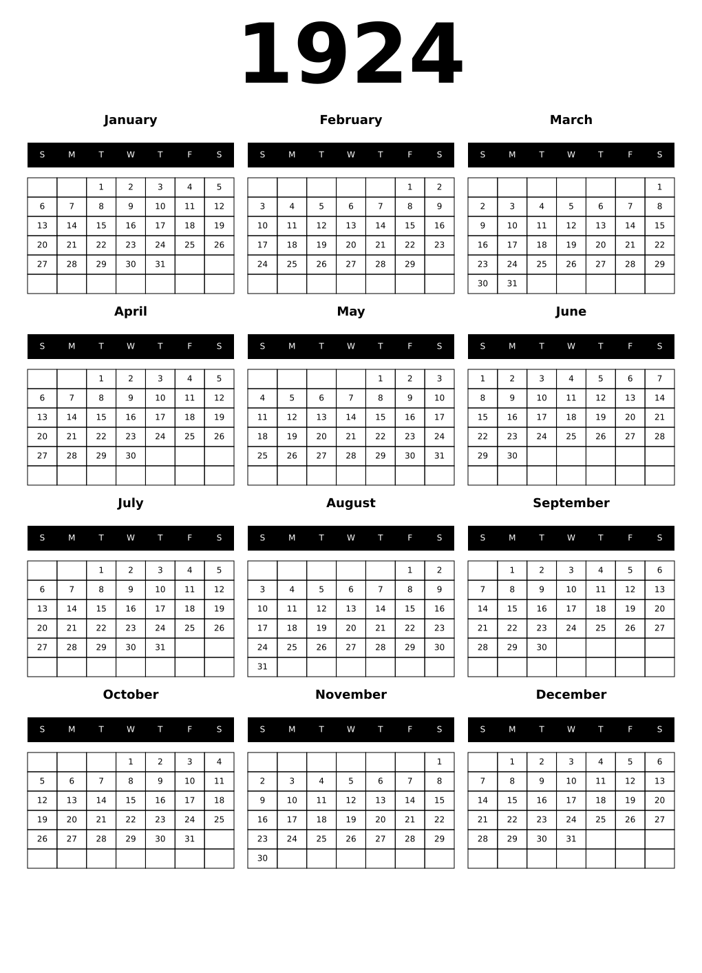 Printable 1924 Calendars