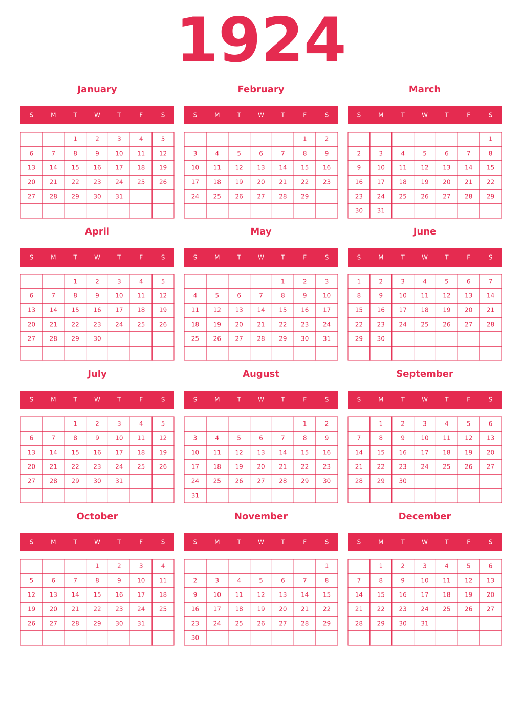 Printable 1924 Year Calendars amaranth