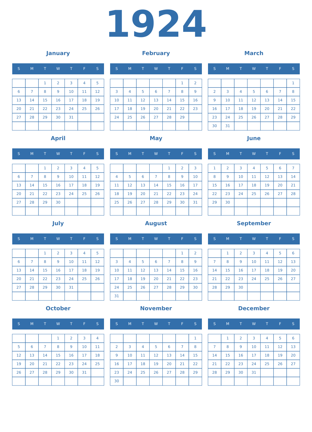 Printable 1924 Year Calendars blue