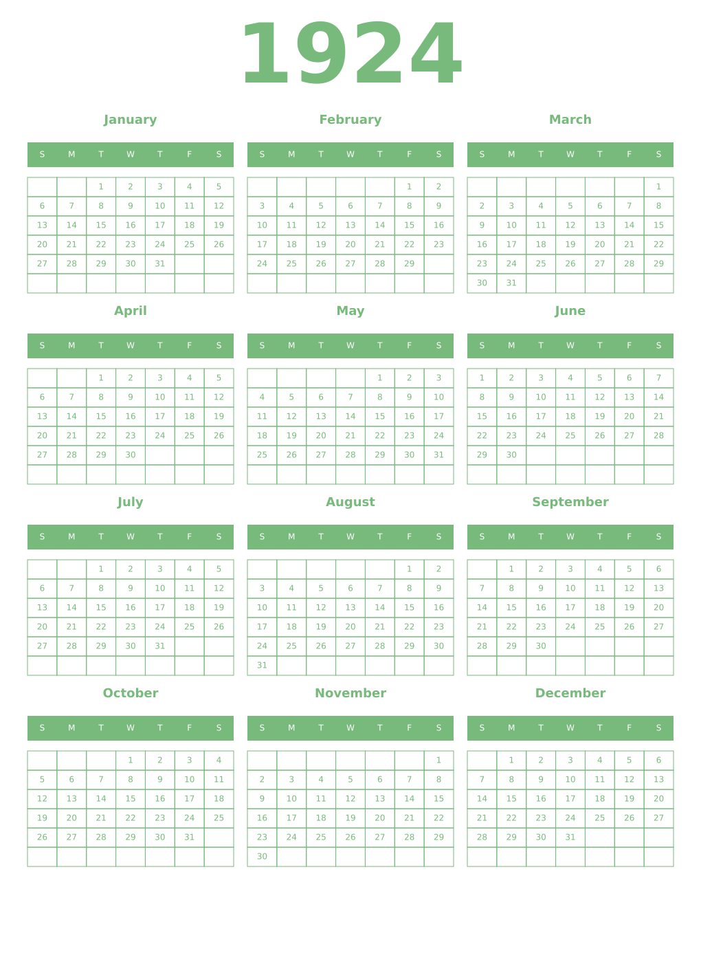 Printable 1924 Year Calendars celadon