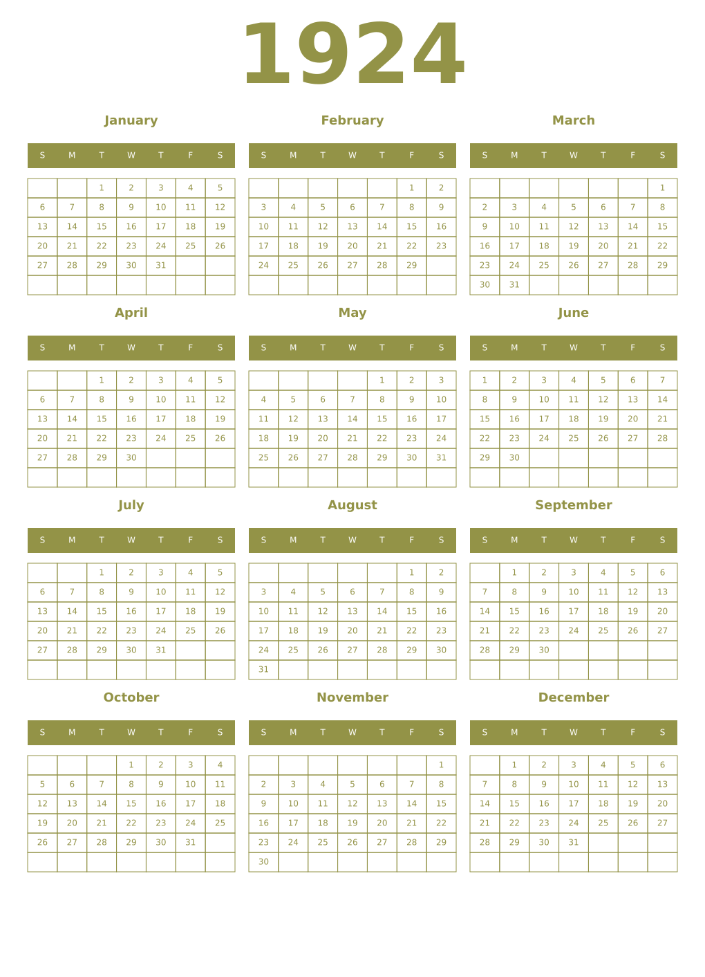 Printable 1924 Year Calendars eburnean