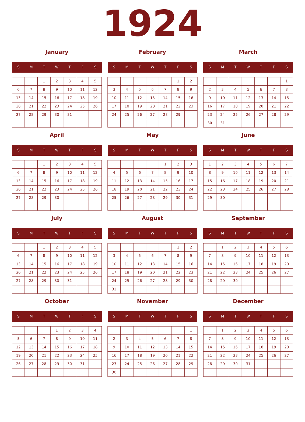 Printable 1924 Year Calendars falu