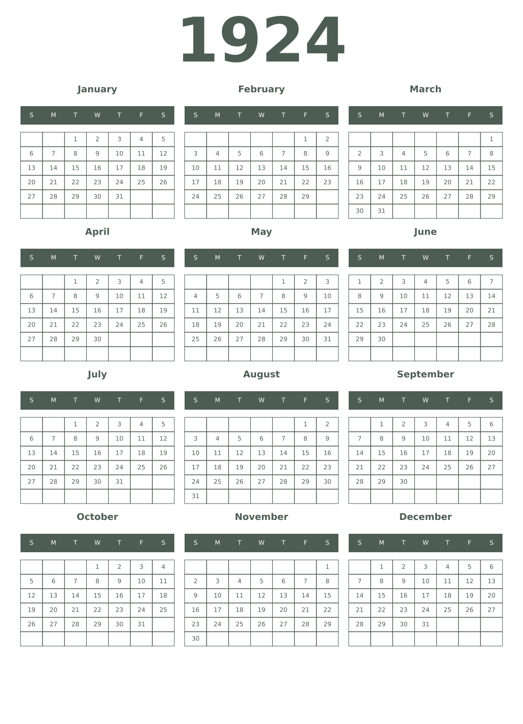 Printable 1924 Year Calendars feldgrau