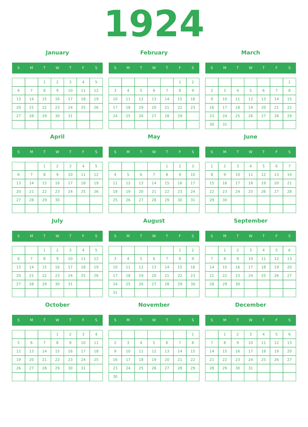 Printable 1924 Year Calendars green