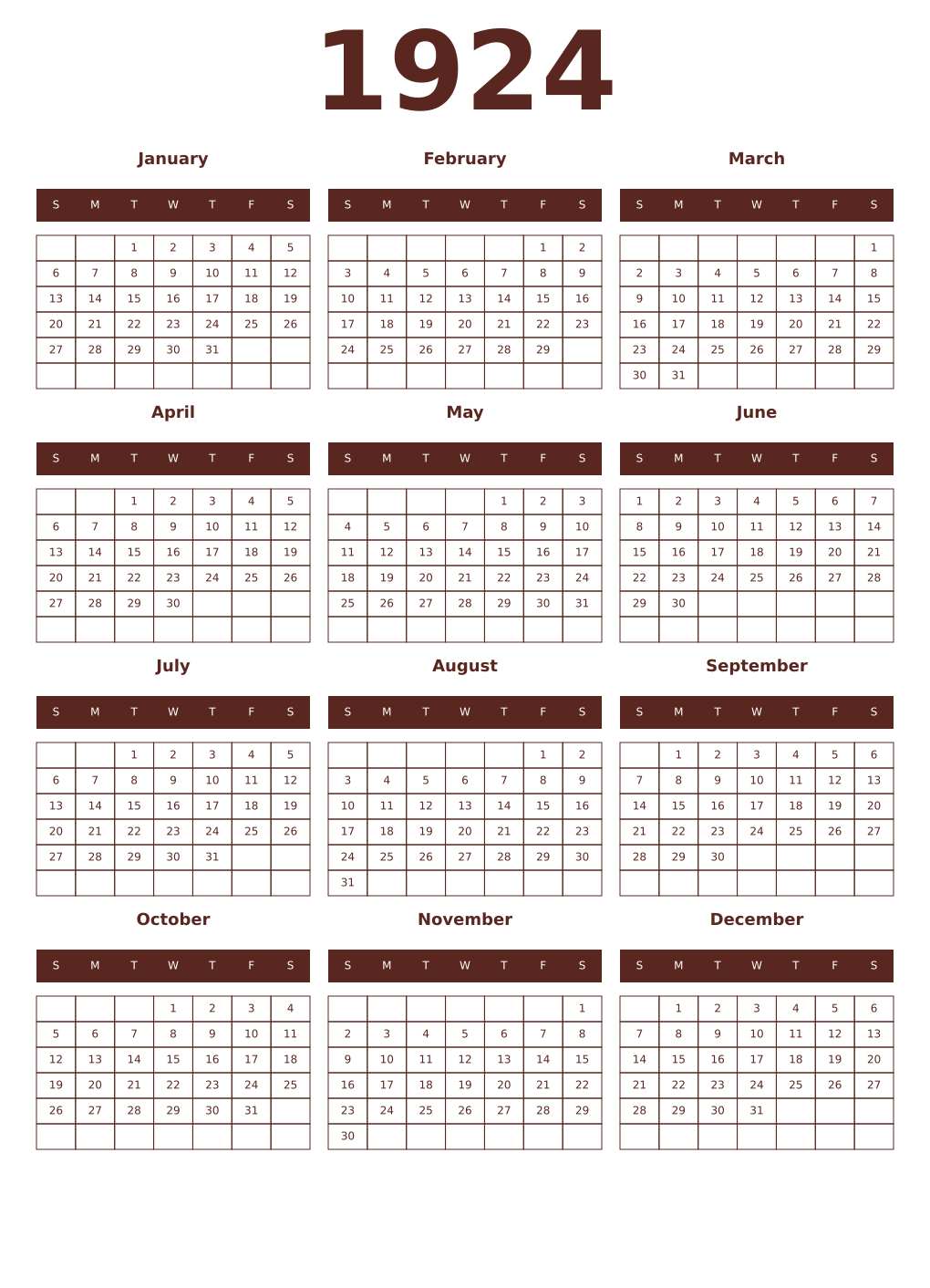 Printable 1924 Year Calendars mortuum